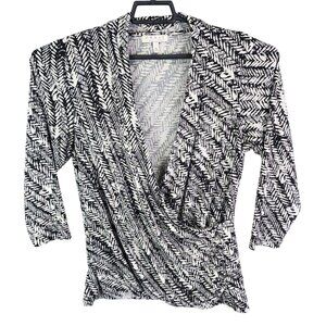Womens Chaus New York Black & White Top Blouse V-Neck Stretch 3/4 Sleeve Size XL